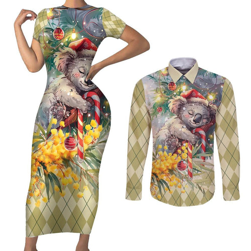 Have A Koala-ty Christmas in July Couples Matching Short Sleeve Bodycon Dress and Long Sleeve Button Shirt