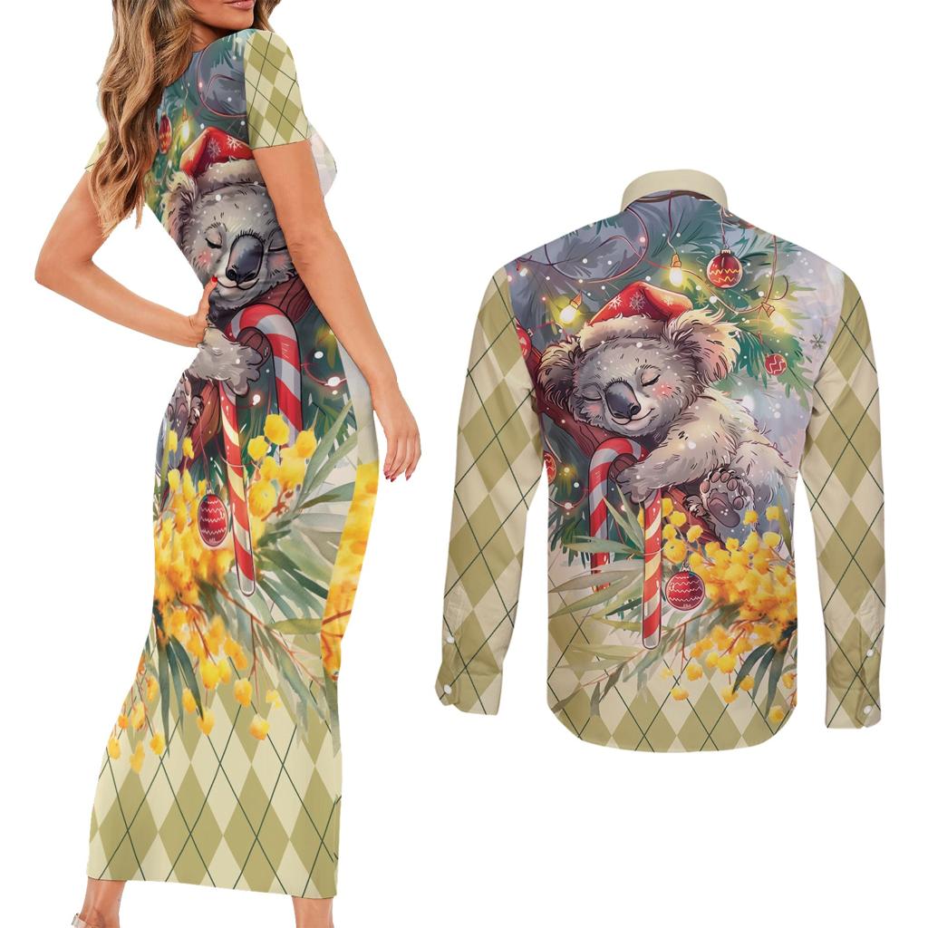 Have A Koala-ty Christmas in July Couples Matching Short Sleeve Bodycon Dress and Long Sleeve Button Shirt