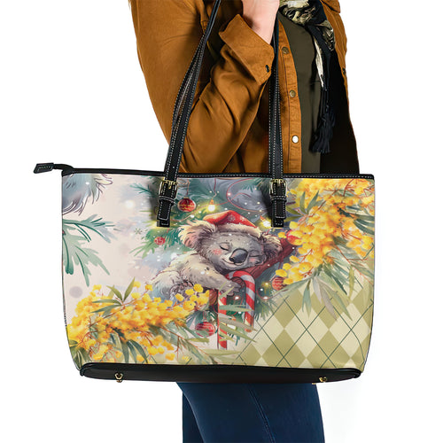 Have A Koala-ty Christmas in July Leather Tote Bag