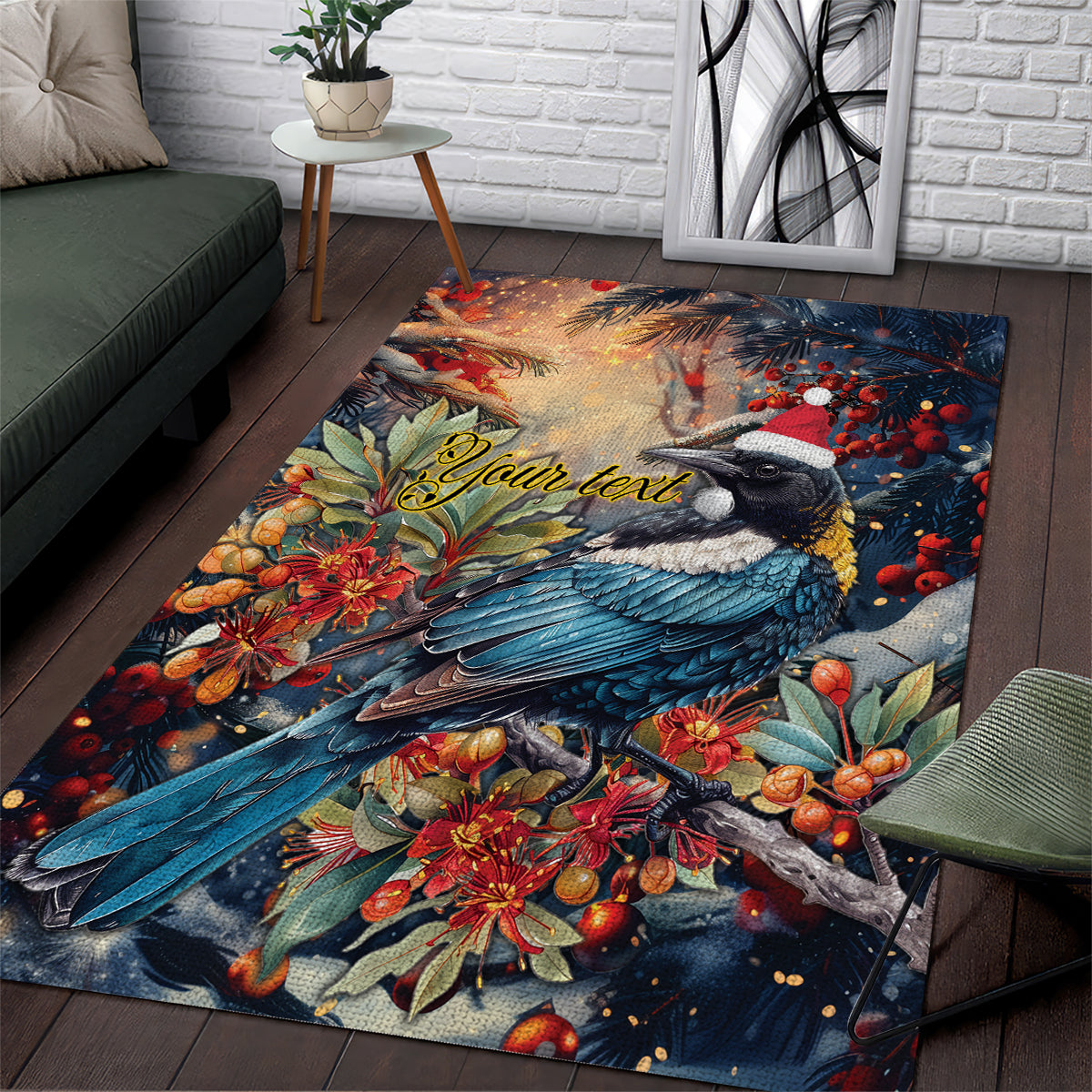 Personalised New Zealand Tui in Pohutukawa Area Rug Christmas in July