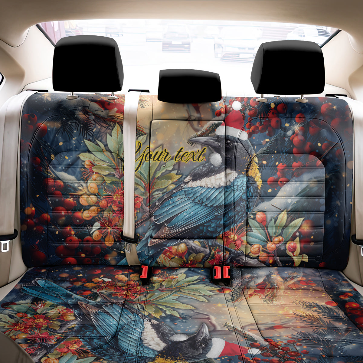 Personalised New Zealand Tui in Pohutukawa Back Car Seat Cover Christmas in July