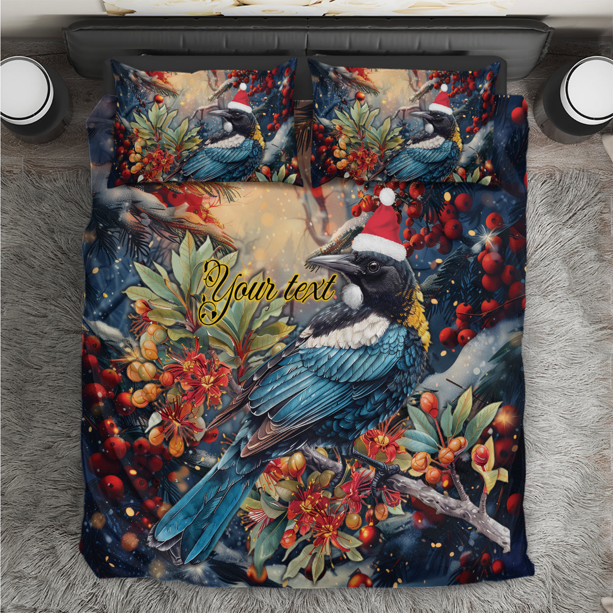 Personalised New Zealand Tui in Pohutukawa Bedding Set Christmas in July