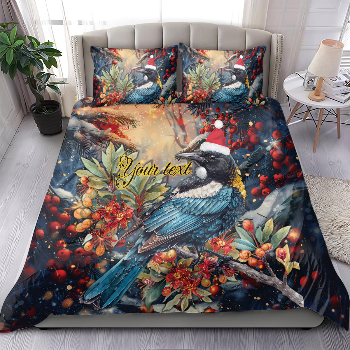 Personalised New Zealand Tui in Pohutukawa Bedding Set Christmas in July