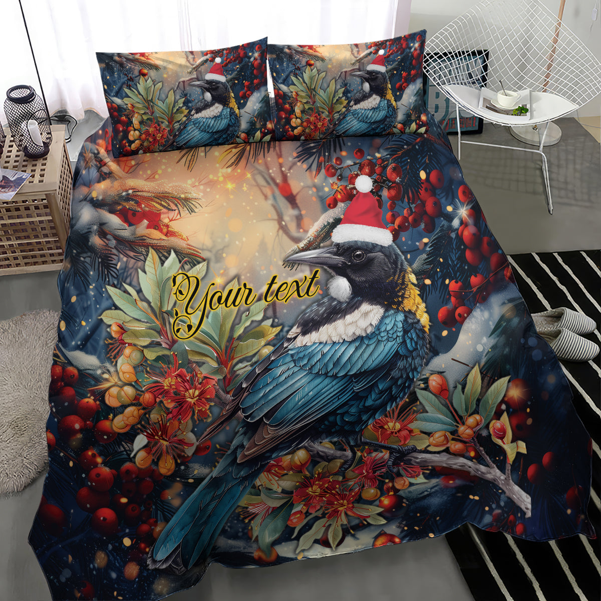 Personalised New Zealand Tui in Pohutukawa Bedding Set Christmas in July