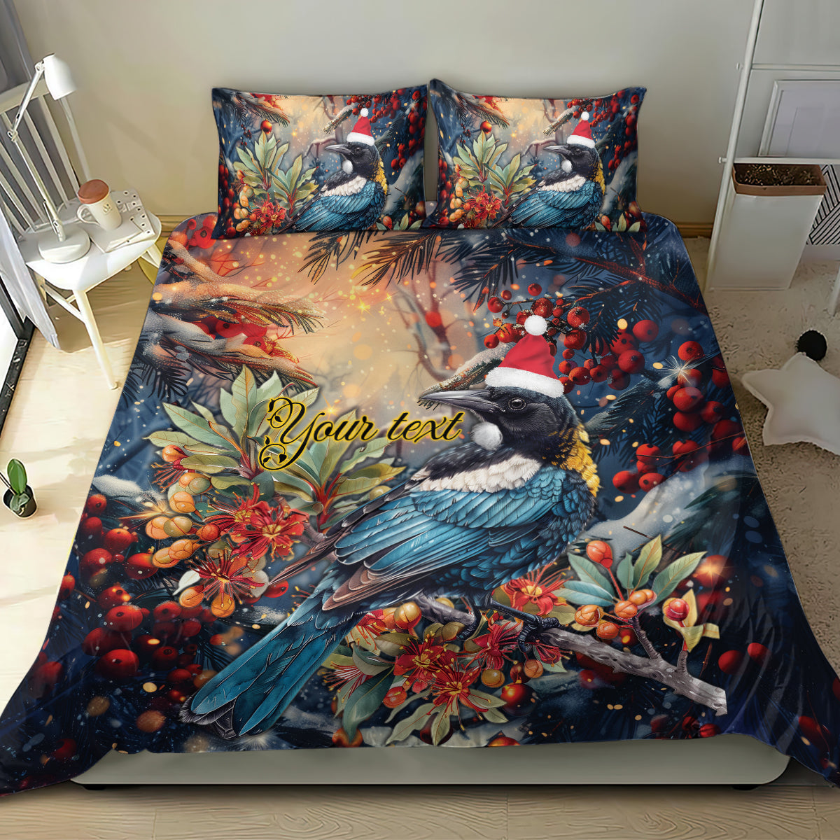 Personalised New Zealand Tui in Pohutukawa Bedding Set Christmas in July