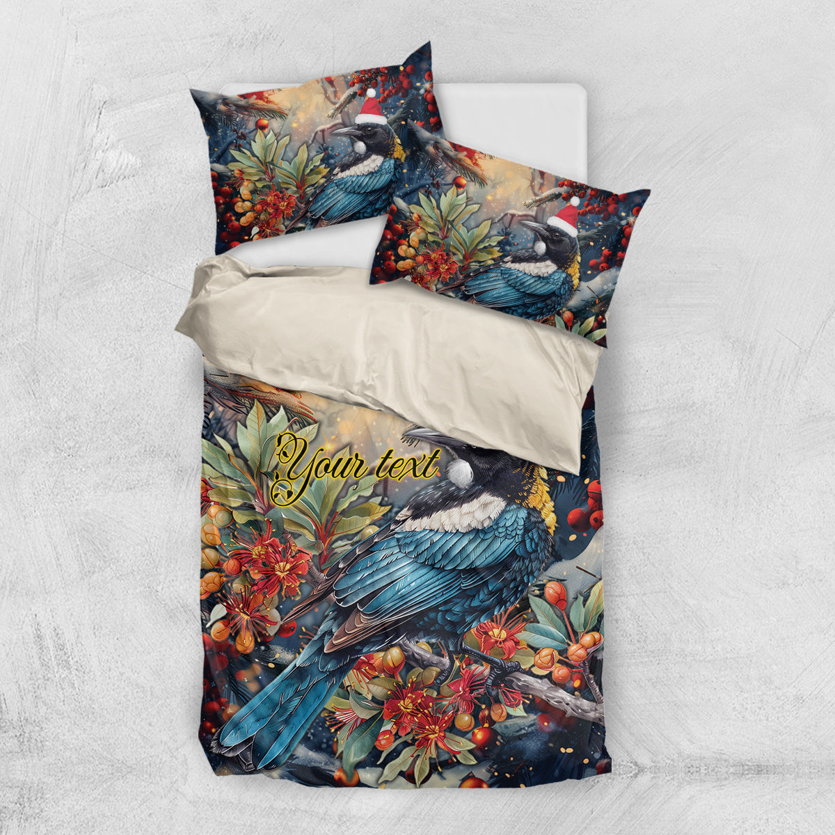 Personalised New Zealand Tui in Pohutukawa Bedding Set Christmas in July