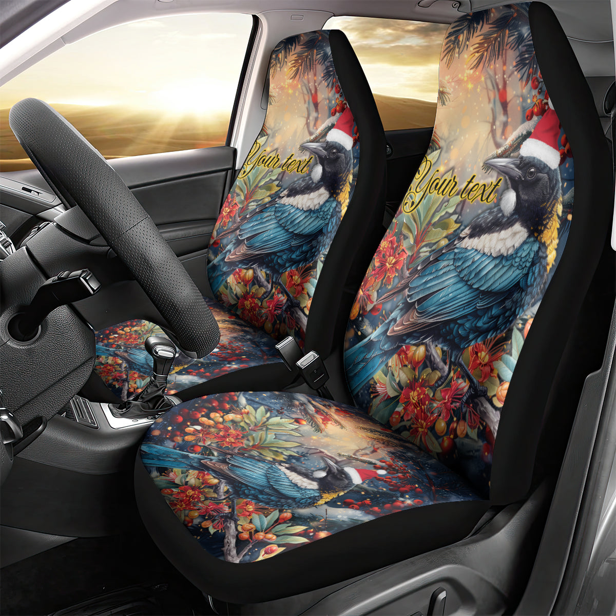 Personalised New Zealand Tui in Pohutukawa Car Seat Cover Christmas in July