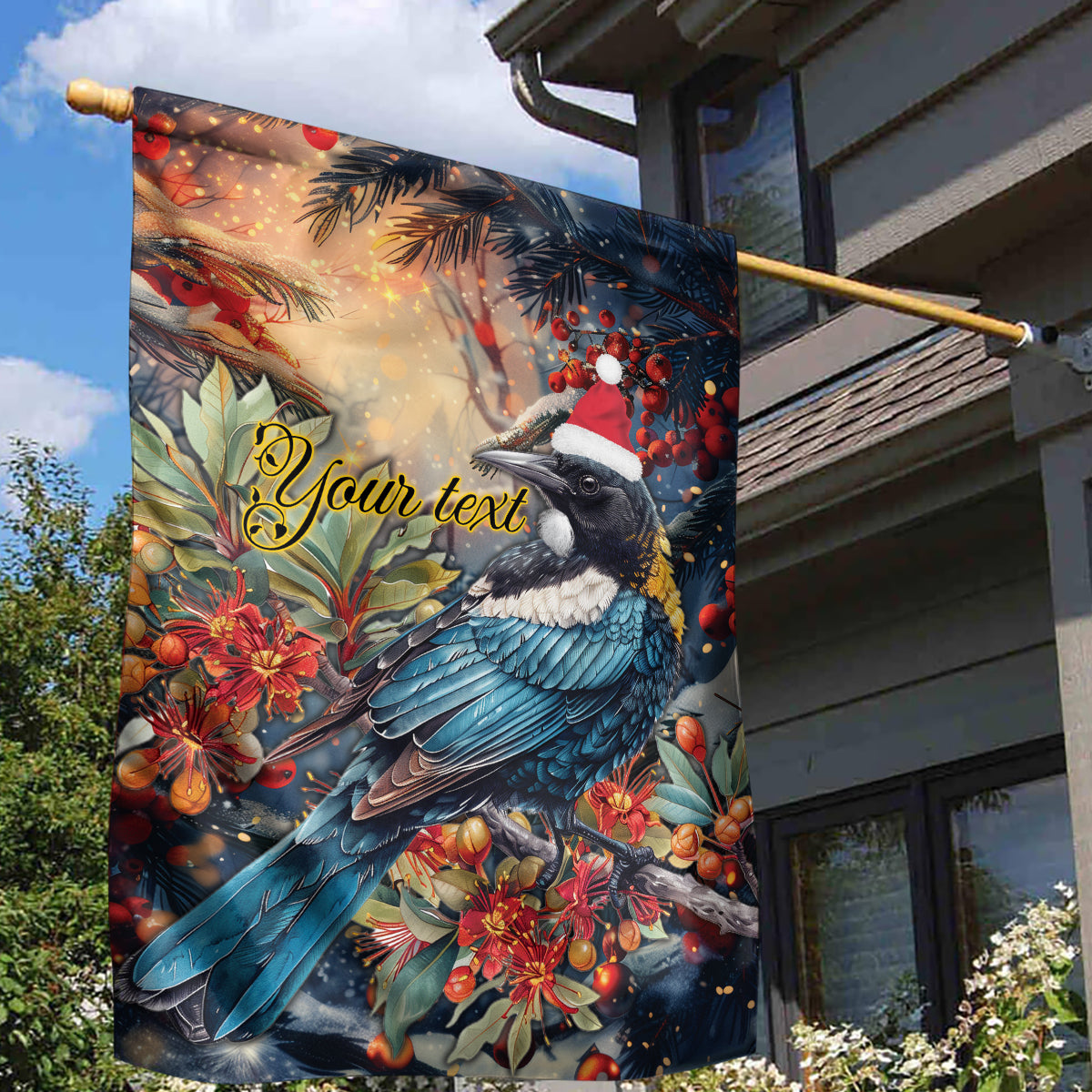 Personalised New Zealand Tui in Pohutukawa Garden Flag Christmas in July