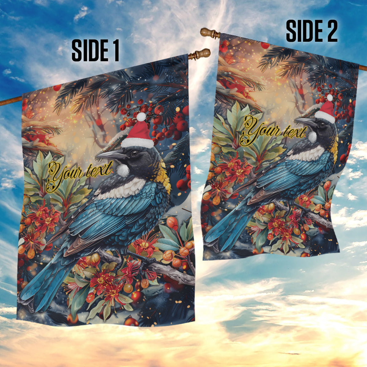 Personalised New Zealand Tui in Pohutukawa Garden Flag Christmas in July