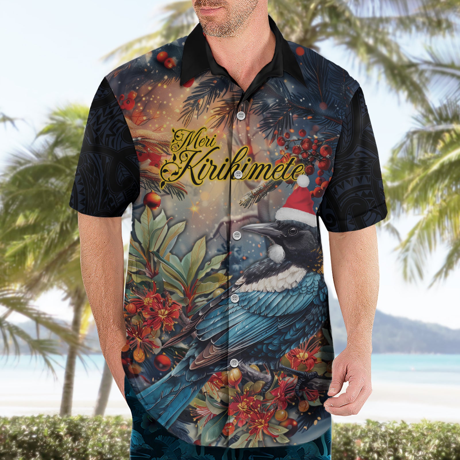 Personalised New Zealand Tui in Pohutukawa Hawaiian Shirt Christmas in July