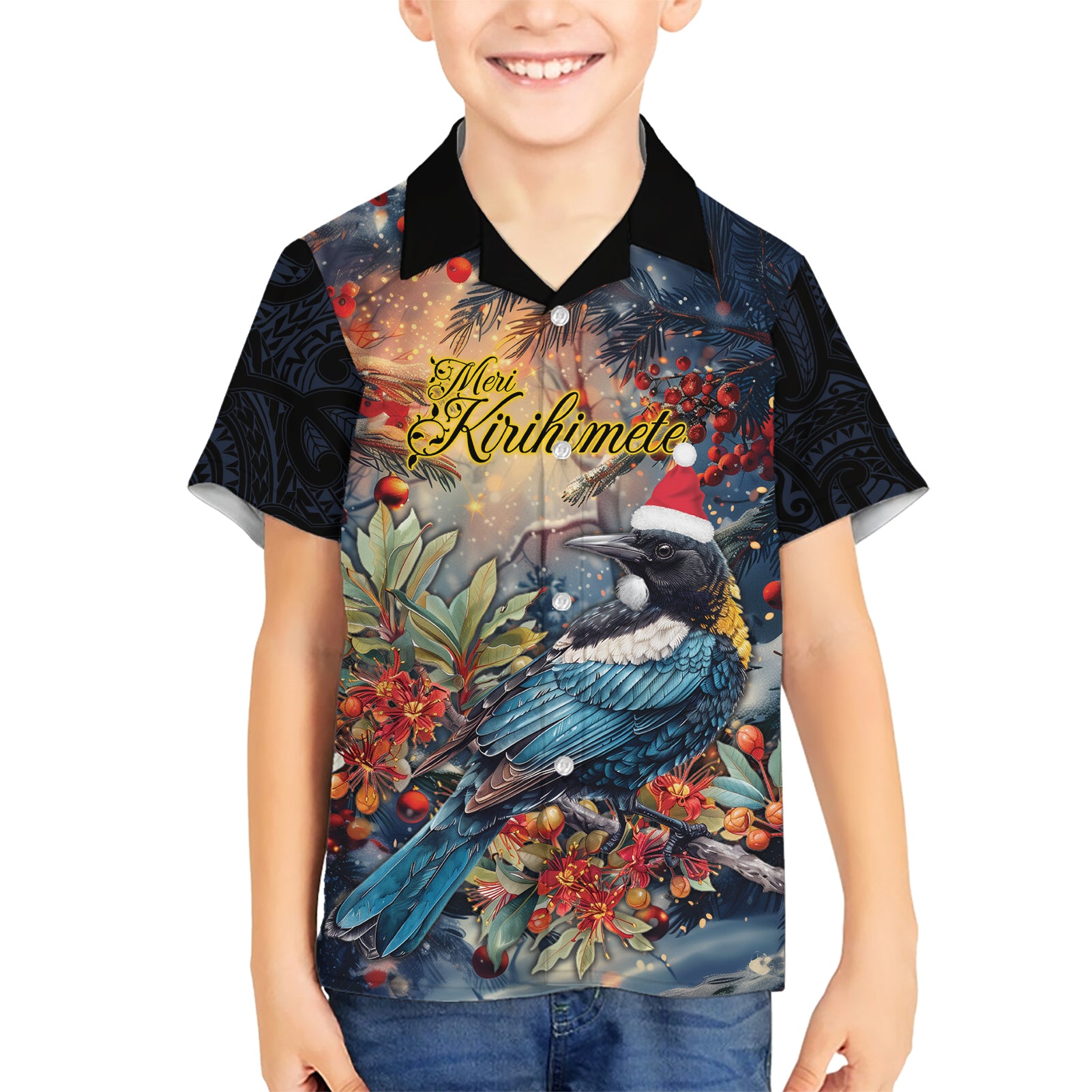 Personalised New Zealand Tui in Pohutukawa Hawaiian Shirt Christmas in July