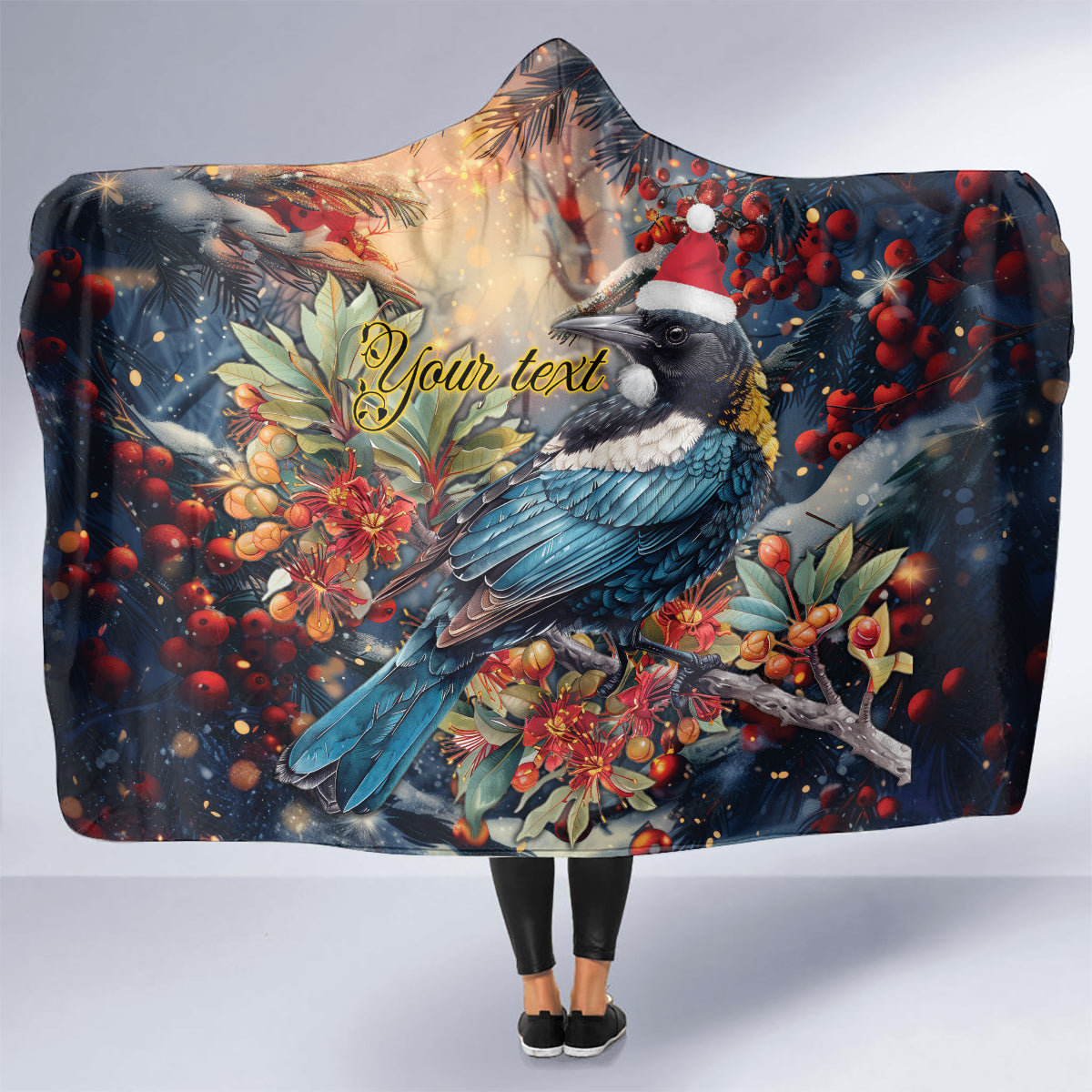 Personalised New Zealand Tui in Pohutukawa Hooded Blanket Christmas in July