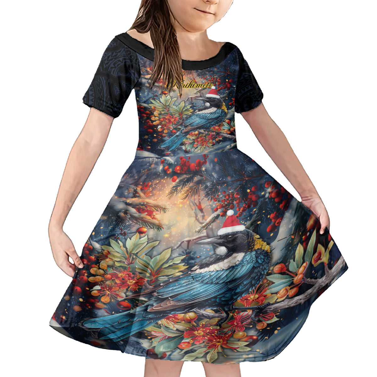 Personalised New Zealand Tui in Pohutukawa Kid Short Sleeve Dress Christmas in July