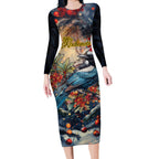 Personalised New Zealand Tui in Pohutukawa Long Sleeve Bodycon Dress Christmas in July