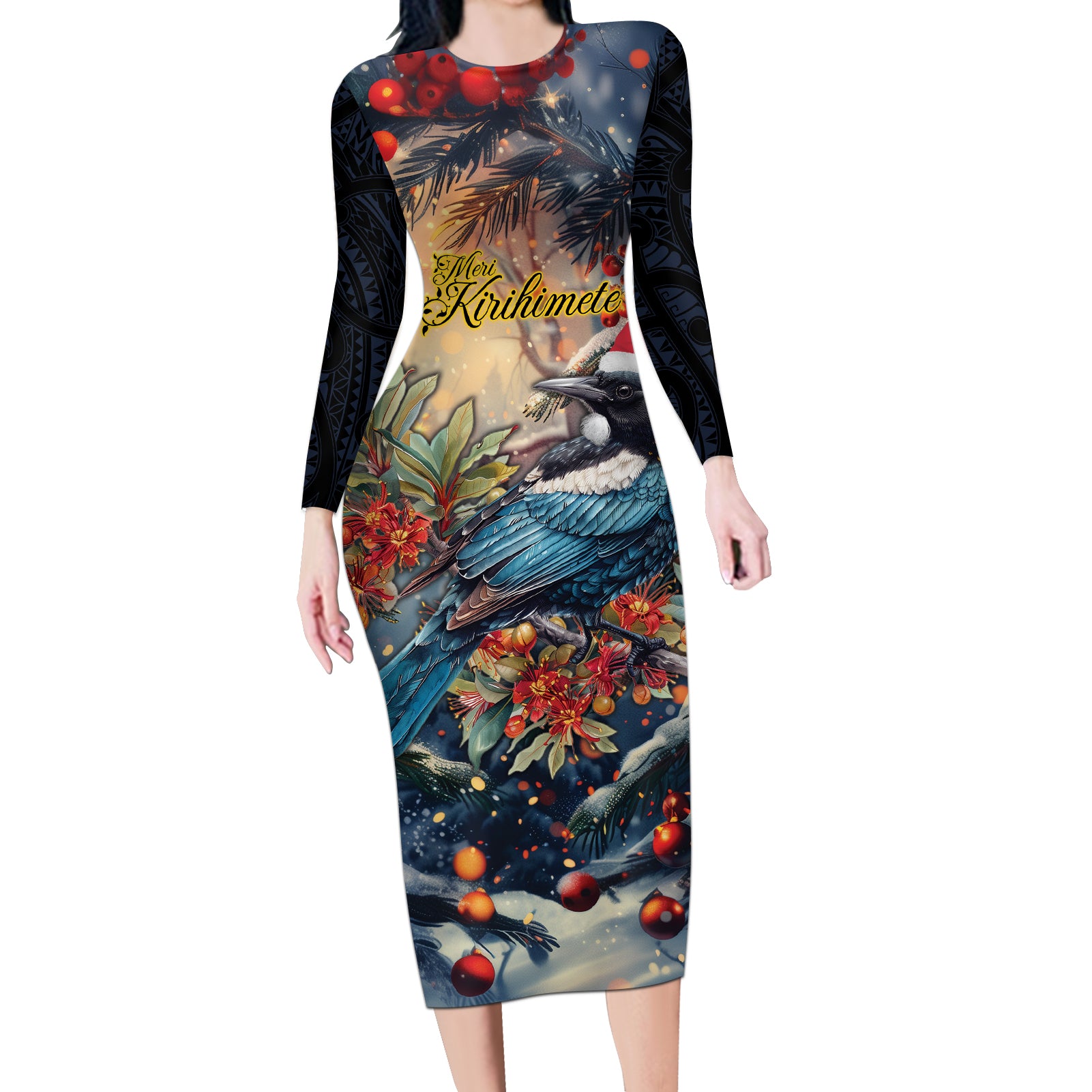 Personalised New Zealand Tui in Pohutukawa Long Sleeve Bodycon Dress Christmas in July
