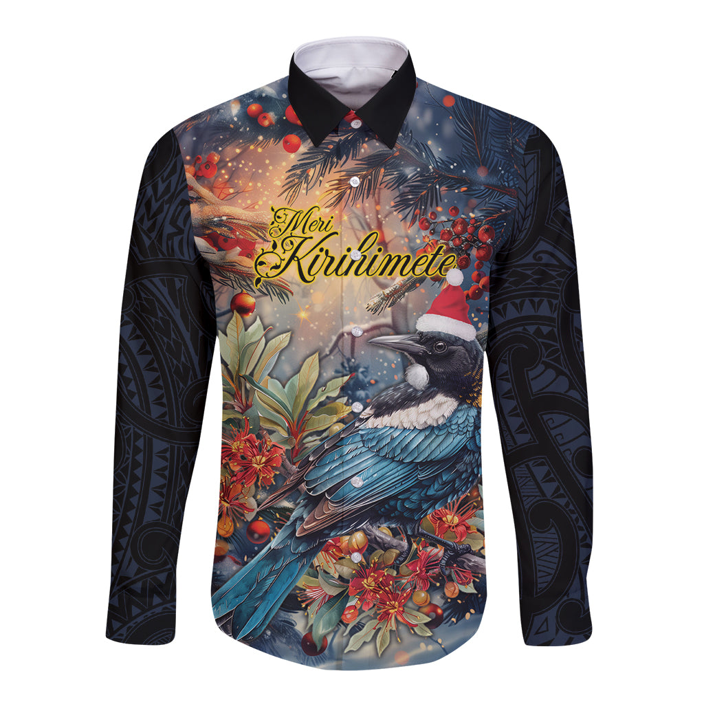 Personalised New Zealand Tui in Pohutukawa Long Sleeve Button Shirt Christmas in July