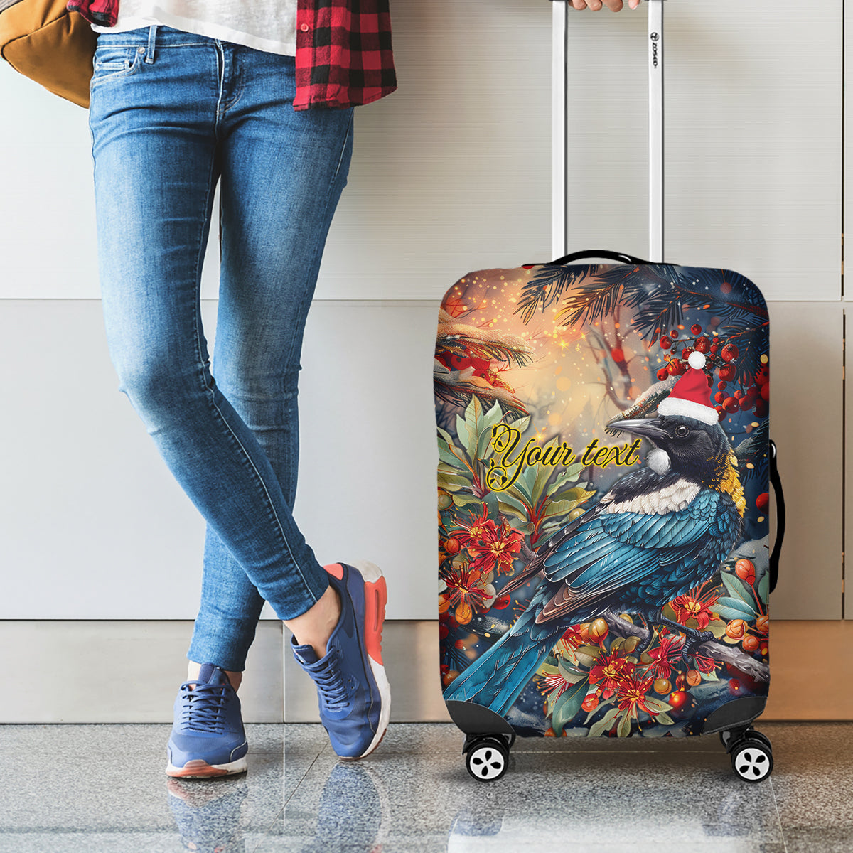 Personalised New Zealand Tui in Pohutukawa Luggage Cover Christmas in July