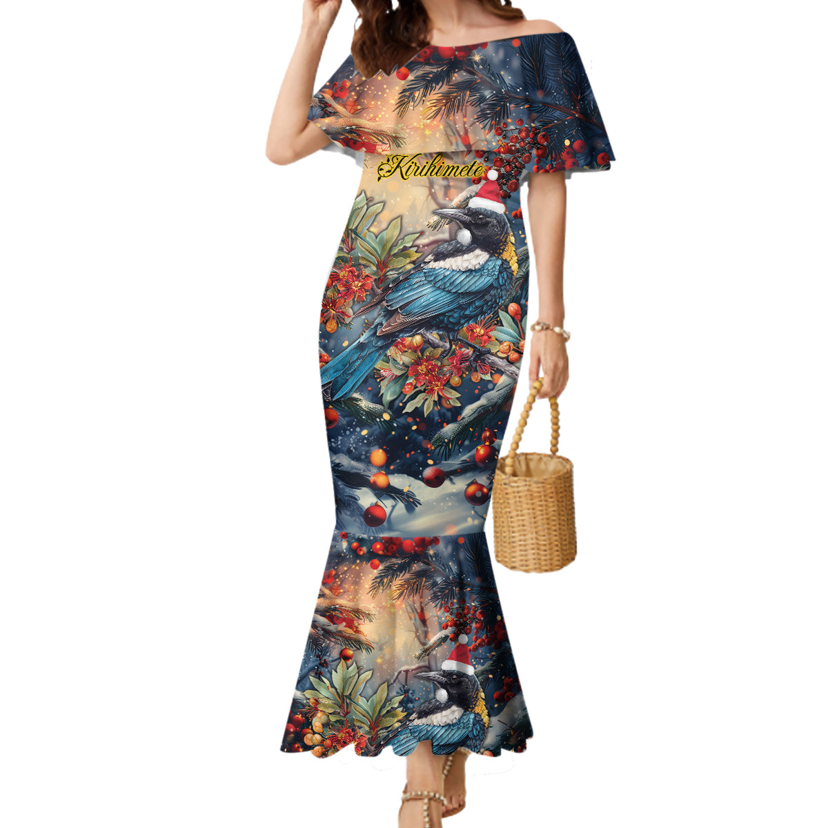 Personalised New Zealand Tui in Pohutukawa Mermaid Dress Christmas in July