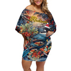 Personalised New Zealand Tui in Pohutukawa Off Shoulder Short Dress Christmas in July