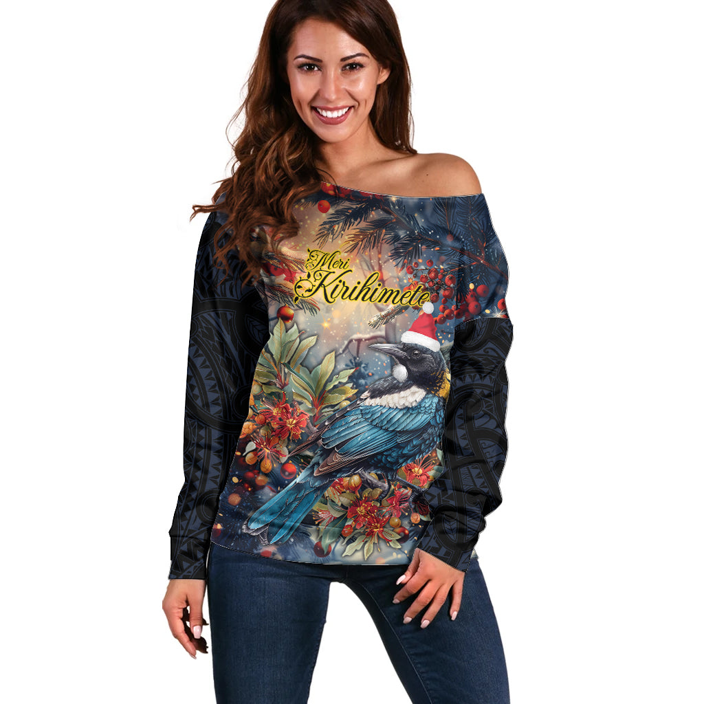 Personalised New Zealand Tui in Pohutukawa Off Shoulder Sweater Christmas in July
