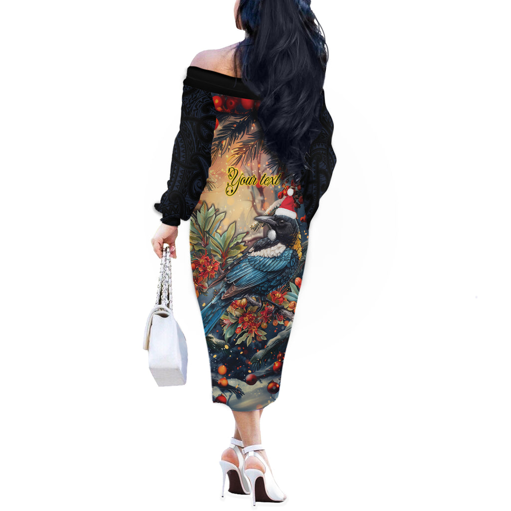 Personalised New Zealand Tui in Pohutukawa Off The Shoulder Long Sleeve Dress Christmas in July