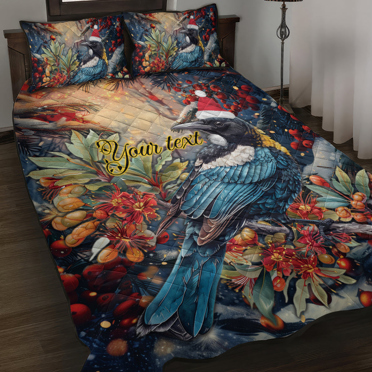 Personalised New Zealand Tui in Pohutukawa Quilt Bed Set Christmas in July