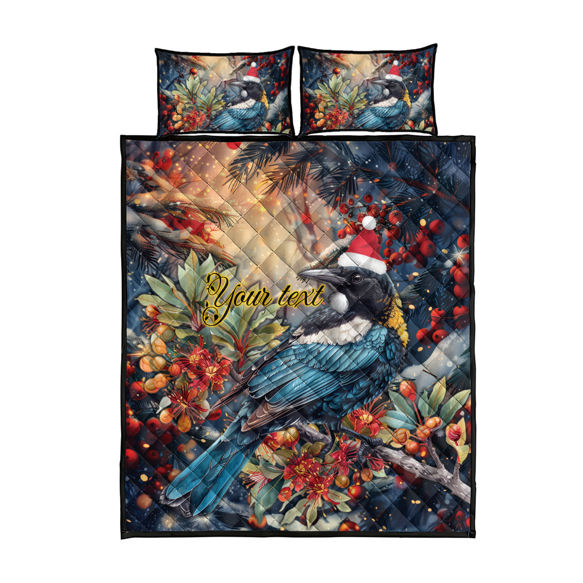 Personalised New Zealand Tui in Pohutukawa Quilt Bed Set Christmas in July