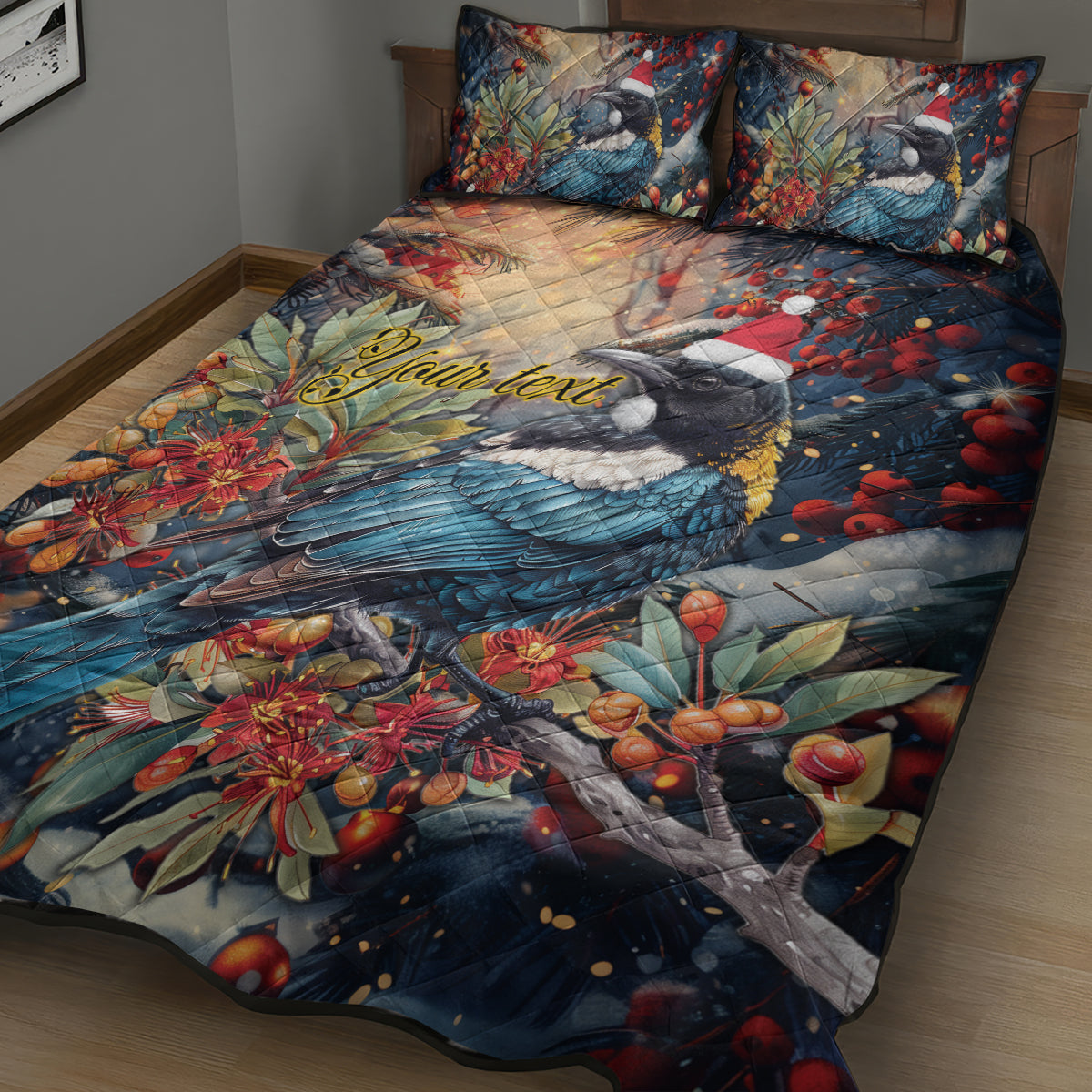Personalised New Zealand Tui in Pohutukawa Quilt Bed Set Christmas in July