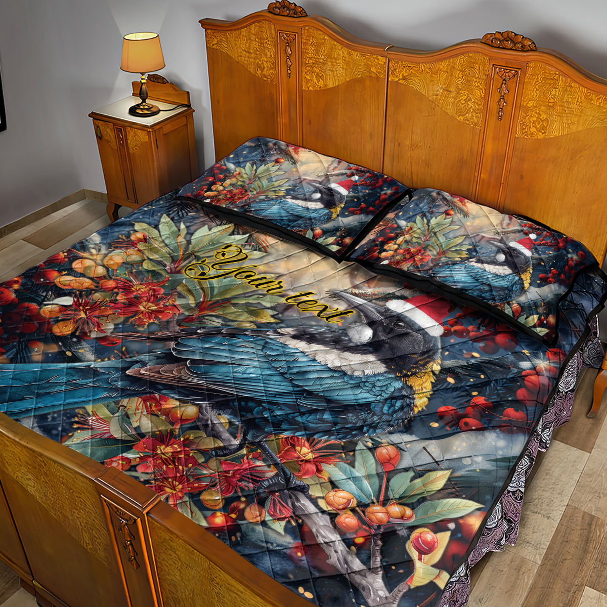 Personalised New Zealand Tui in Pohutukawa Quilt Bed Set Christmas in July