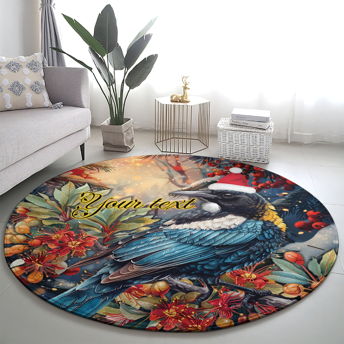 Personalised New Zealand Tui in Pohutukawa Round Carpet Christmas in July