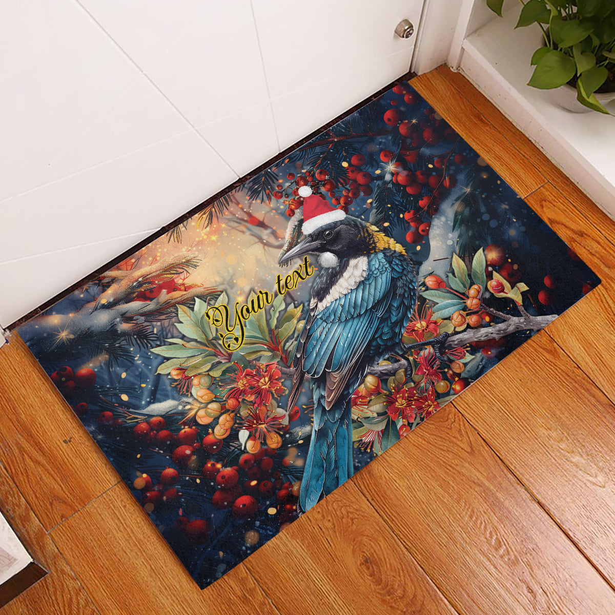 Personalised New Zealand Tui in Pohutukawa Rubber Doormat Christmas in July