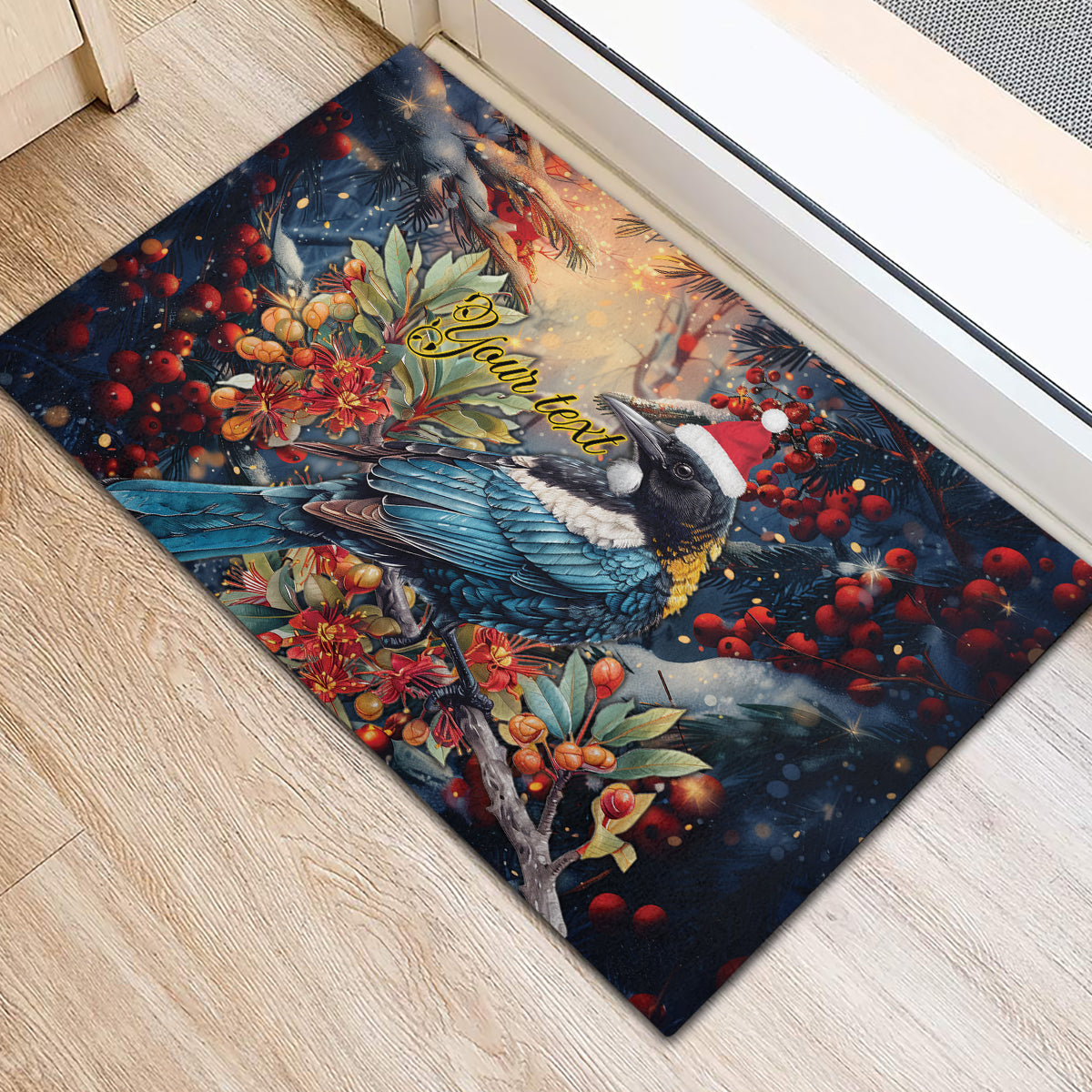 Personalised New Zealand Tui in Pohutukawa Rubber Doormat Christmas in July