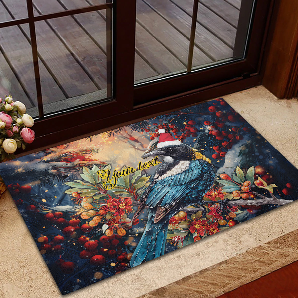 Personalised New Zealand Tui in Pohutukawa Rubber Doormat Christmas in July