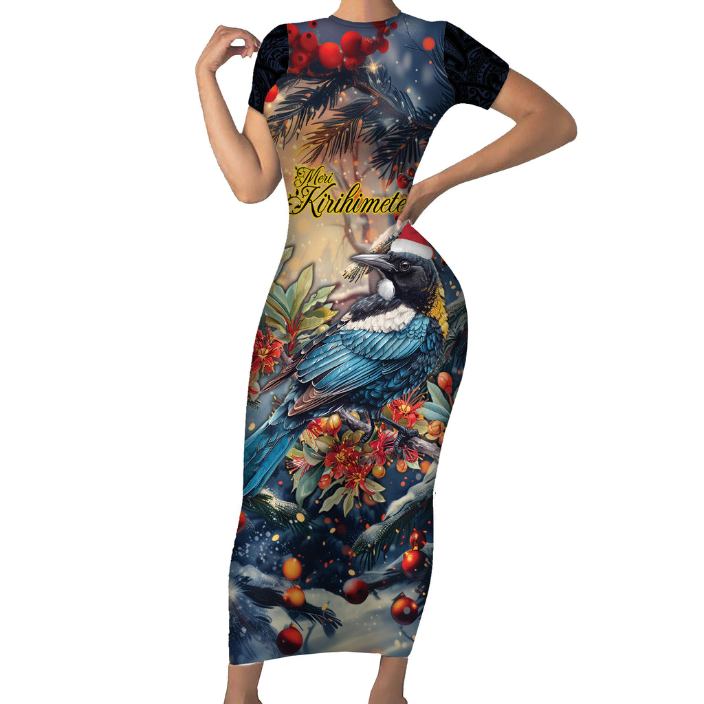 Personalised New Zealand Tui in Pohutukawa Short Sleeve Bodycon Dress Christmas in July