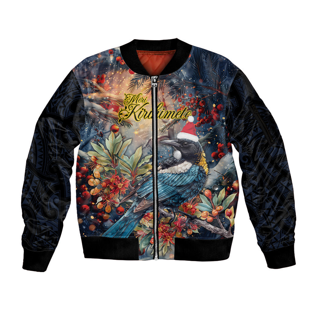 Personalised New Zealand Tui in Pohutukawa Sleeve Zip Bomber Jacket Christmas in July