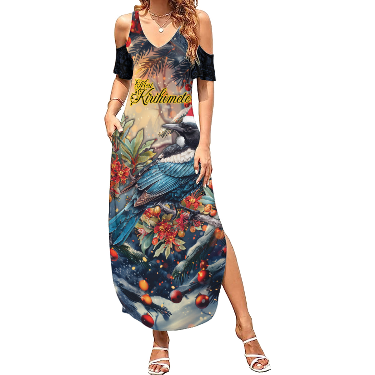 Personalised New Zealand Tui in Pohutukawa Summer Maxi Dress Christmas in July