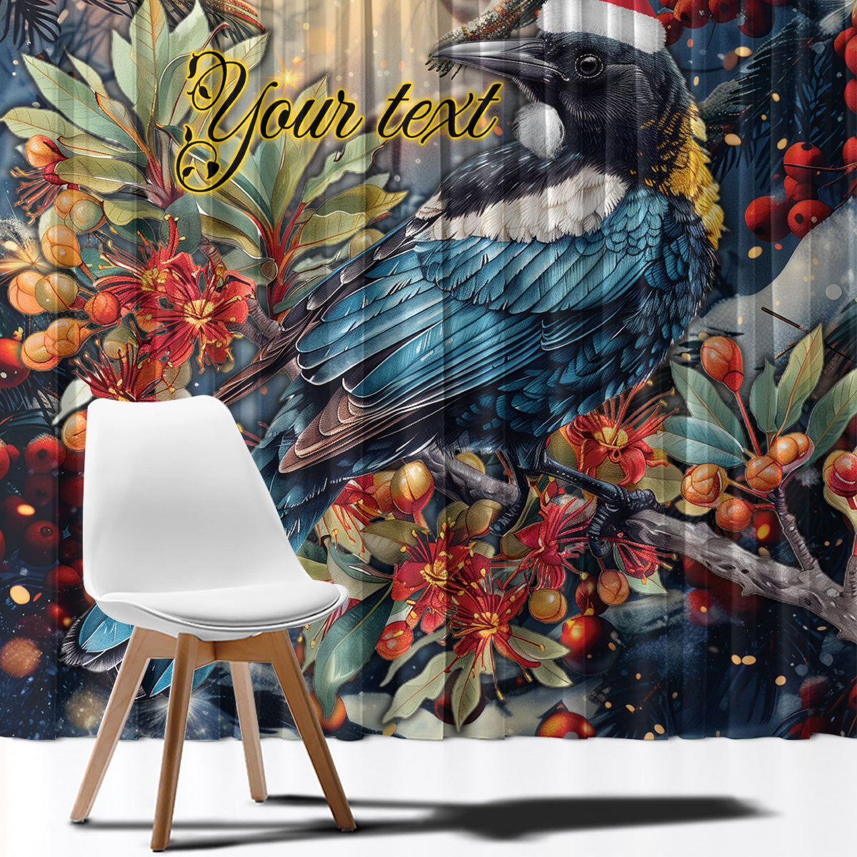 Personalised New Zealand Tui in Pohutukawa Window Curtain Christmas in July