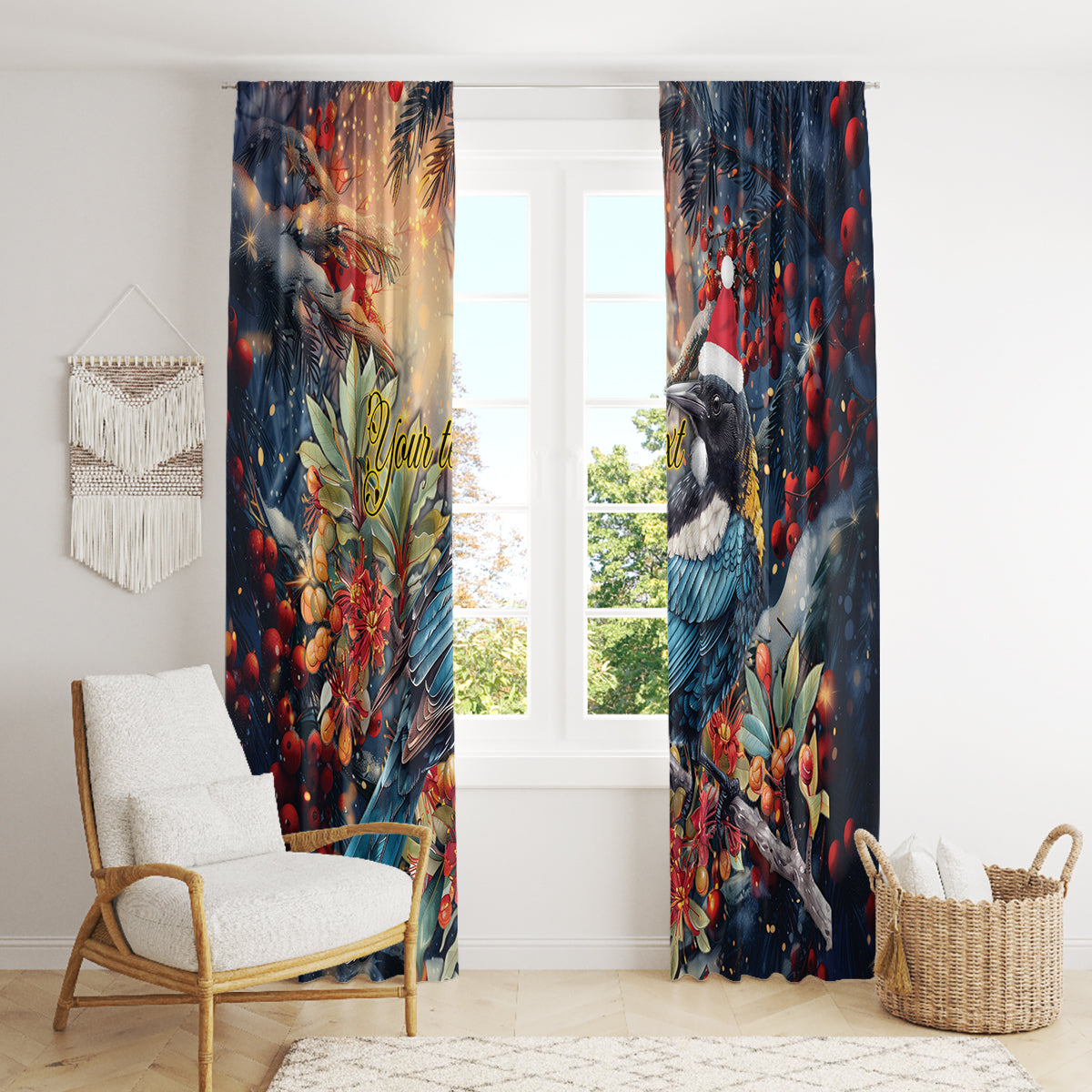 Personalised New Zealand Tui in Pohutukawa Window Curtain Christmas in July