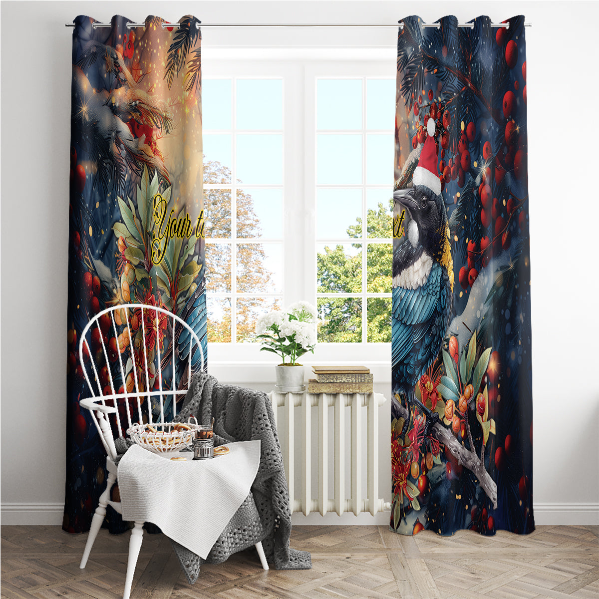 Personalised New Zealand Tui in Pohutukawa Window Curtain Christmas in July