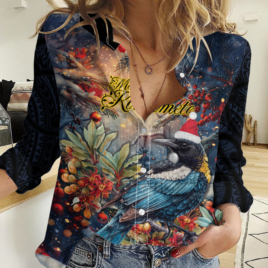 Personalised New Zealand Tui in Pohutukawa Women Casual Shirt Christmas in July