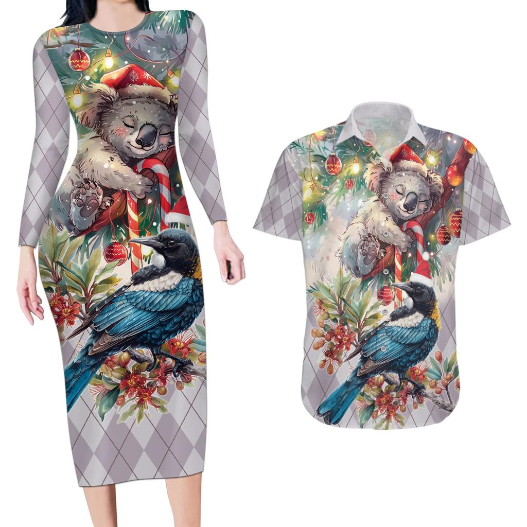 Koala and Tui Bird Christmas in July Couples Matching Long Sleeve Bodycon Dress and Hawaiian Shirt