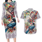 Koala and Tui Bird Christmas in July Couples Matching Long Sleeve Bodycon Dress and Hawaiian Shirt