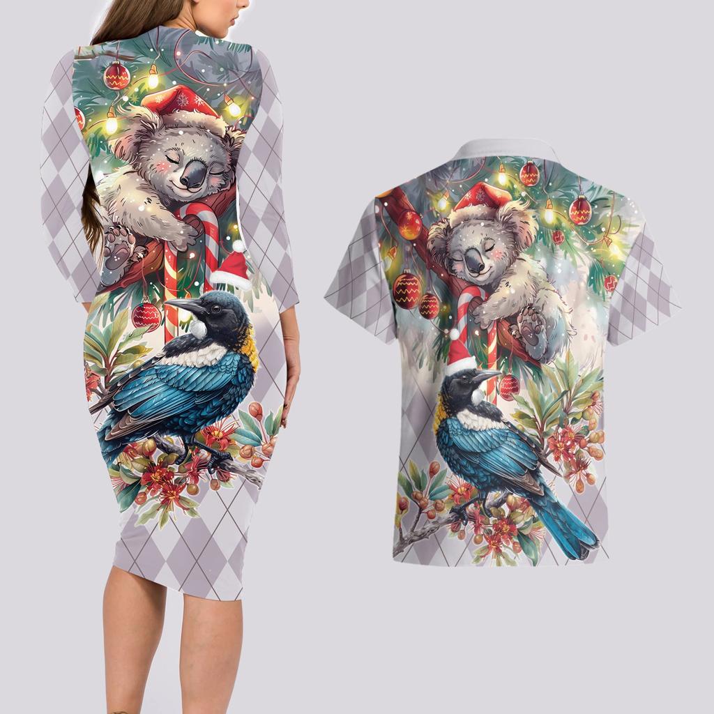 Koala and Tui Bird Christmas in July Couples Matching Long Sleeve Bodycon Dress and Hawaiian Shirt