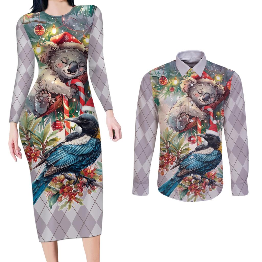 Koala and Tui Bird Christmas in July Couples Matching Long Sleeve Bodycon Dress and Long Sleeve Button Shirt
