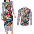 Koala and Tui Bird Christmas in July Couples Matching Long Sleeve Bodycon Dress and Long Sleeve Button Shirt