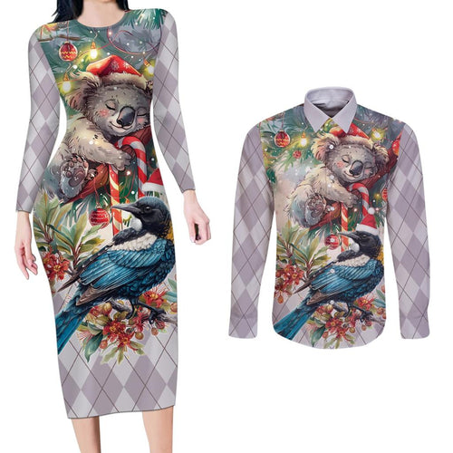 Koala and Tui Bird Christmas in July Couples Matching Long Sleeve Bodycon Dress and Long Sleeve Button Shirt