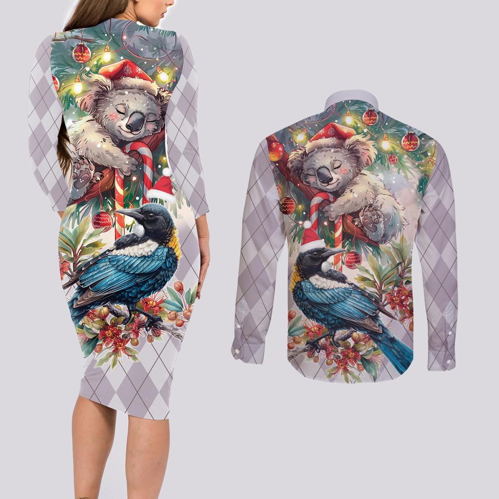 Koala and Tui Bird Christmas in July Couples Matching Long Sleeve Bodycon Dress and Long Sleeve Button Shirt