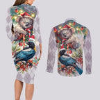 Koala and Tui Bird Christmas in July Couples Matching Long Sleeve Bodycon Dress and Long Sleeve Button Shirt