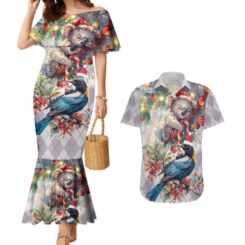 Koala and Tui Bird Christmas in July Couples Matching Mermaid Dress and Hawaiian Shirt