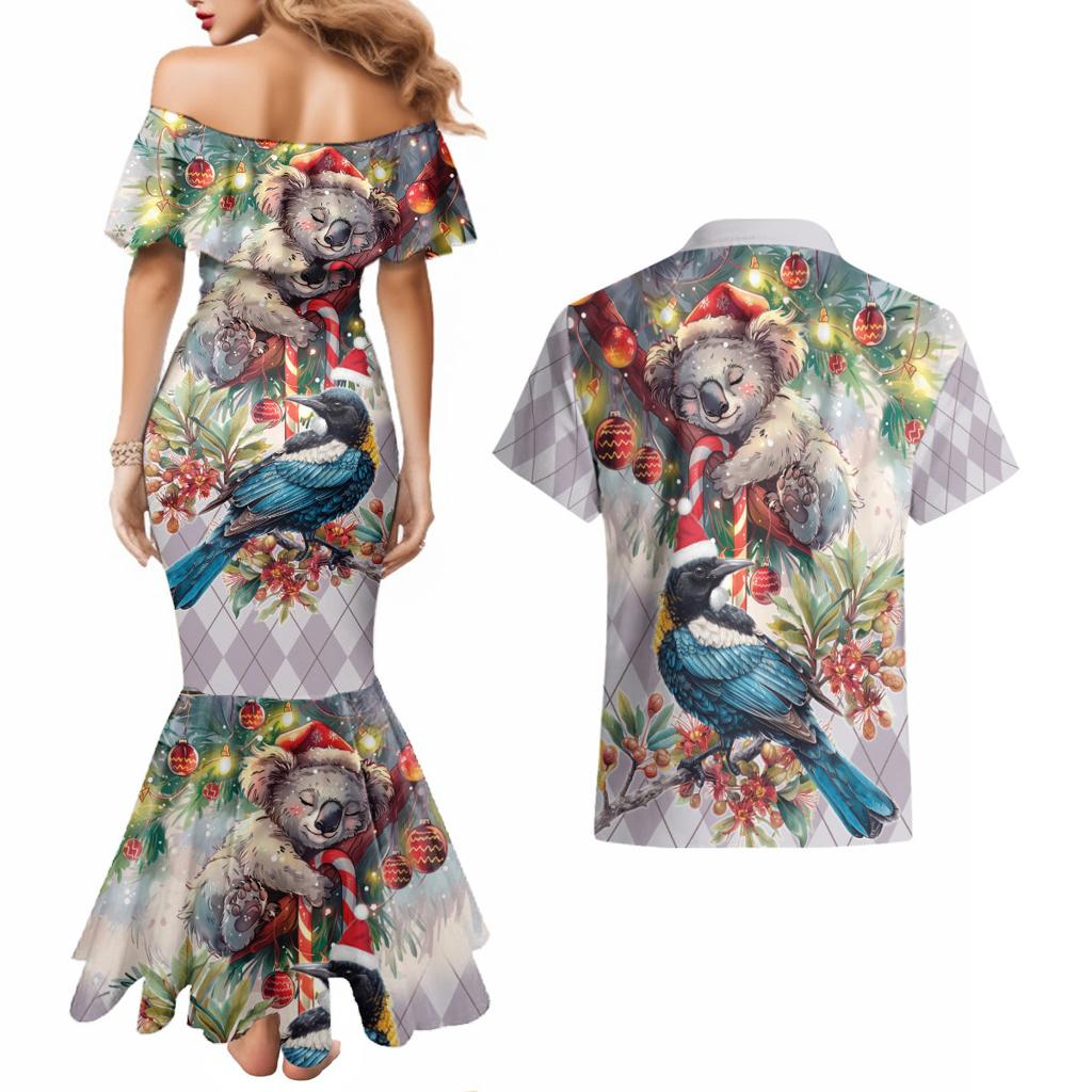 Koala and Tui Bird Christmas in July Couples Matching Mermaid Dress and Hawaiian Shirt